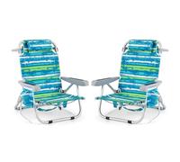 COSTWAY Set di 2 Sedie da Spiaggia, Sdraio Pieghevole a 5 Posizioni con Portabicchieri, Poltrona da Spiaggia con Cuscino per Testa e Zaino, Sedia da Campeggio Portatile, Portata 150 kg (Blu e Verde,2)