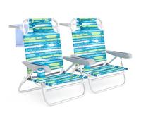 COSTWAY Set di 2 Sedie Pieghevole da Spiaggia, Lounge Sdraio con 5 Posizioni Regolabili, Poltrona da Mare con Cuscino, Porta Asciugamano, Braccioli & Portabicchieri, Portata 150 kg (Verde)
