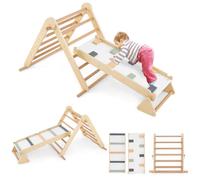 COSTWAY Set di Arrampicata per Bambini 3 in 1, Arrampicata in Legno Pieghevole con Rampetta a Doppia Faccia e Triangolo di Arrampicata Regolabile, Triangolo Montessoriana per Bambini 3+ Anni