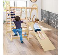 Costway Set di giocattoli da arrampicata in legno con scivolo anelli da ginnastica, Parco giochi per bambini Naturale