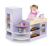 COSTWAY Set di Giocattoli in Legno per il Supermercato, Negozio Alimentare per Bambini con Bancone Cassa, POS, Distributore Automatico, per Bambini 3 - 8 Anni (Viola)