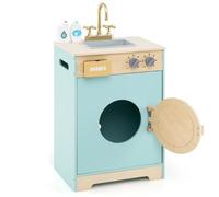 COSTWAY Set di Gioco Lavatrice per Bambini, Giocattolo Lavatrice con Detersivo e Igienizzante per le Mani, Set in Legno con Lavabo, Cassetto e Ruota Rotante, Regalo per Bambini dai 3+ Anni