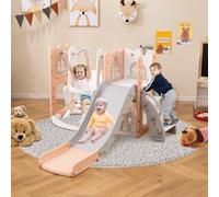 Costway Set di gioco per bambini con altalena da basket e telescopio con spazio portaoggetti, 7 in 1 set di scivolo e altalena a forma di L Grigio e rosa