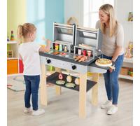 Costway Set di gioco per barbecue in legno per bambini con ricchi accessori, Gioco di griglia per bambini cibi giocattolo con 2 grill Grigio