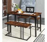 Costway Set di tavolo da pranzo da 4 pezzi per 4 persone, Tavolo da cucina con panca e 2 sgabelli con struttura in metallo Marrone