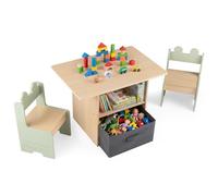 COSTWAY Set di Tavolo e 2 Sedie per Bambini 3+ Anni, Tavolo e 2 Sedie in Legno con Scomparti Doppio Lato e Cassetto Pieghevole in Tessuto, Ideale per Leggere, Giocare per Cameretta Bambini (Verde)