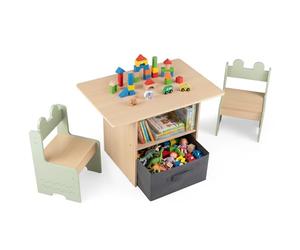 COSTWAY Set di Tavolo e 2 Sedie per Bambini 3+ Anni, Tavolo e 2 Sedie in Legno con Scomparti Doppio Lato e Cassetto Pieghevole in Tessuto, Ideale per Leggere, Giocare per Cameretta Bambini (Verde)