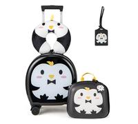 COSTWAY Set di Valiglie per Bambini, Set da 4 Pezzi con Trolley, Zaino, Cuscino per Collo ed Etichetta per Bagaglio, Valigia a Mano da Viaggio con Ruote Universale e Maniglia Regolabile (Pinguino)