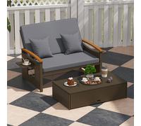 Costway Set divano da giardino in rattan con cuscino e panca contenitore, Divano letto da esterno Grigio