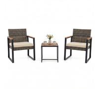 COSTWAY Set Salottino da Esterno in Rattan 3 pezzo, Set Mobili da Giardino Include 1 Tavolino Quadrato e 2 Poltrone Comode con Cuscino Imbottito e Telaio in Acciaio, per Balcone e Terrazzo (Beige)