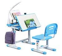 COSTWAY Set Scrivania e Sedia per Bambini 3-12 Anni, Altezza e Angolo Regolabile e Multifunzionale, Con Lampada di Protezione per gli Occhie Cornice per la Lettura (BLU)