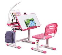 COSTWAY Set Scrivania e Sedia per Bambini 3-12 Anni, Altezza e Angolo Regolabile e Multifunzionale, Con Lampada di Protezione per gli Occhie Cornice per la Lettura (ROSA)