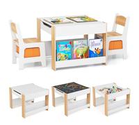COSTWAY Set Tavolino Bambini con 2 Sedie per 3+ Anni, Tavolo e Sedie 4 in 1 con Lavagna Rimovibile, Librerie e Scatola in Tessuto, Mobile Salvaspazio per Scuola, Asilo e Cameretta (Bianco e Naturale)