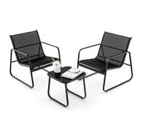 COSTWAY Set Tavolino e Sedie da Giardino, Set Bistrò 3 Pezzi, Set da Giardino in Metallo e Tessuto Textilene, Tavolino in Vetro Temperato, per Giardino, Cortile, Bordo Piscina (Nero)