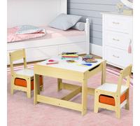 Costway Set tavolo con 2 sedie per bambini in legno e libreria in legno per bambini, Set di 3 pezzi mobili per bimbi e scaffale di stoccaggio