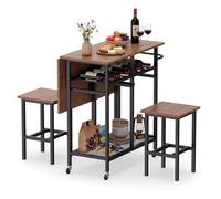COSTWAY Set Tavolo da Pranzo Pieghevole 3 Pezzi, Tavolo Salvaspazio Estendibile con 2 Sgabelli con Ruote, Portabottiglie da 6 Posti, Ripiani e Maniglia Laterale per Cucina (Marrone,Modello 2)