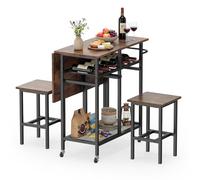 COSTWAY Set Tavolo da Pranzo Pieghevole 3 Pezzi, Tavolo Salvaspazio Estendibile con 2 Sgabelli con Ruote, Portabottiglie da 6 Posti, Ripiani e Maniglia Laterale per Cucina (Caffè,Modello 2)