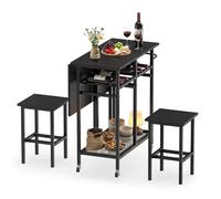 COSTWAY Set Tavolo da Pranzo Pieghevole 3 Pezzi, Tavolo Salvaspazio Estendibile con 2 Sgabelli con Ruote, Portabottiglie da 6 Posti, Ripiani e Maniglia Laterale per Cucina (Nero,Modello 2)