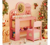 Costway Set tavolo da trucco principessa e sedia con 2 cassetti e libreria a 2 ripiani, Toeletta per bambini con luci Rosa
