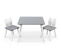 COSTWAY Set Tavolo e 2 Sedie per Bambini 3-6 Anni, Sedie Ergonomiche in Legno con Schienali a Forma di Orecchie di Coniglio, Portata 40kg, Salvaspazio, Ideale per Gioco e Disegno (Grigio)