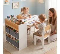 Costway Set tavolo e 2 sedie per bambini 3-6 con libreria 2 ripiani e 6 cesti, Tavolo attività soggiorno/studio con rotolo carta