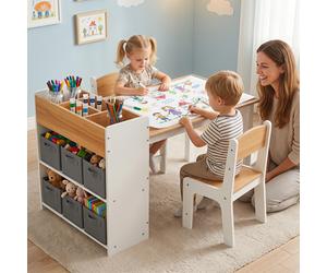 Costway Set tavolo e 2 sedie per bambini 3-6 con libreria 2 ripiani e 6 cesti, Tavolo attività soggiorno/studio con rotolo carta