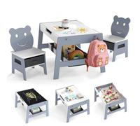COSTWAY Set Tavolo e 2 Sedie per Bambini, 5 in 1 Tavolino e Sedie con 4 Ganci, 3 Scatole in Tessuto e Lavagna Reversibile, Ideale per Bambini 3+ Anni per Cameretta Ragazzi (Grigio, 70 x 60,5 x 45 cm)