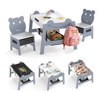 COSTWAY Set Tavolo e 2 Sedie per Bambini, 5 in 1 Tavolino e Sedie con 4 Ganci, 3 Scatole in Tessuto e Lavagna Reversibile per Bambini 3+ Anni per Cameretta Ragazzi (Grigio, 70 x 60,5 x 50 cm)