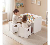 Costway Set tavolo e 2 sedie per bambini con lavagna per disegnare e piedini antiscivolo, Tavolo e sedie multifunzionale design salvaspazio Bianco