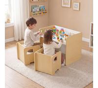 Costway Set tavolo e 2 sedie per bambini con lavagna per disegnare e piedini antiscivolo, Tavolo e sedie multifunzionale design salvaspazio Naturale