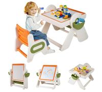 COSTWAY Set Tavolo e Sedia 6 in 1 per Bambini 18+ Mesi, Tavolino Pieghevole con Piano Reversibile, Porta Penne, Cesti Contenitori e Scaffale, Tavolo Salvaspazio per Giochi per Cameretta (Arancione)