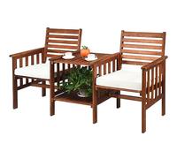 COSTWAY Set Tavolo e Sedia da Giardino con Foro per Ombrello (Bianco) | Set di Mobili a 2 Posti da Esterno in Legno di Acacia con Cuscini, per Giardino, Cortile e Bordo della Piscina
