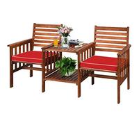 COSTWAY Set Tavolo e Sedia da Giardino con Foro per Ombrello (Rosso) | Set di Mobili a 2 Posti da Esterno in Legno di Acacia con Cuscini, per Giardino, Cortile e Bordo della Piscina