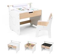 COSTWAY Set Tavolo e Sedia per Bambini 2 in 1 a Forma di Elefante, Bianco | Scrivania e Sedia D'arte in Legno con Piano Rimovibile, Spazio di Archiviazione e Porta Rotolo di Carta per Aula e Cameretta