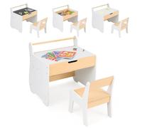 COSTWAY Set Tavolo e Sedia per Bambini 2 in 1, Set con Scrivania e Sedia in Legno per Bambini con Piano Rimovibile, Spazio di Archiviazione e Porta Rotolo di Carta per Aula e Cameretta (Bianco)