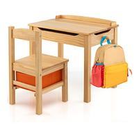 COSTWAY Set Tavolo e Sedia per Bambini 3+ Anni, Scrivania Ribaltabile in Legno di Pino con Cassetto Estraibile, Gancio e Cerniera Sicura a Chiusura Lenta, Ideale per Studio e Disegno (Naturale)