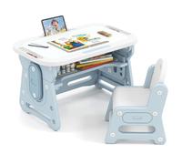 COSTWAY Set Tavolo e Sedia per Bambini 3+ Anni, Tavolo Regolabile in Altezza con Lavagna Inclinabile, Sedia Ergonomica, Supporto per Libri e Ripiano Concavo, per Disegnare e Leggere (Blu)