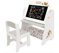 COSTWAY Set Tavolo e Sedia per Bambini, Lavagnetta Cancellabile Bambini con Sedia, Scaffale, 2 Contenitori in Tessuto, Gomma e Gessetti, Tavolino per Cameretta (Grigio)