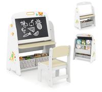 COSTWAY Set Tavolo e Sedia per Bambini, Lavagnetta Cancellabile Bambini con Sedia, Scaffale, 2 Contenitori in Tessuto, Gomma e Gessetti, Tavolino per Cameretta (Naturale)