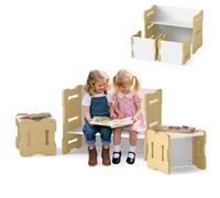 COSTWAY Set Tavolo e Sedia per Bambini, Set 3 Pezzi per Bambini con 2 Sgabelli e Tavolo Attività, Angoli Arrotondati e Maniglia, Mobili Multifunzionali per Casa, Scuola e Asilo (Naturale)