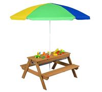 COSTWAY Set Tavolo e Sedie per Bambini 3 in 1 con Ombrellone Multicolore | Arredo Giardino per Bambini con Piano Rimovibile, Panche in Legno per Interno ed Esterno