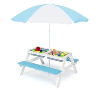 COSTWAY Set Tavolo e Sedie per Bambini da Giardino 3 in 1, con Ombrellone Rimovibile e Regolabile, Piano Rimovibile, Tavolo con Panche in Legno per Bambini da Interno Esterno (Blu e Bianco)