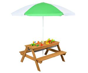 COSTWAY Set Tavolo e Sedie per Bambini da Giardino 3 in 1, con Ombrellone Rimovibile e Regolabile, Piano Rimovibile, Tavolo con Panche in Legno per Bambini da Interno Esterno (Verde e Bianco)