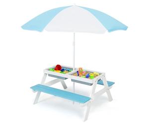 COSTWAY Set Tavolo e Sedie per Bambini da Giardino 3 in 1, con Ombrellone Rimovibile e Regolabile, Piano Rimovibile, Tavolo con Panche in Legno per Bambini da Interno Esterno (Blu e Bianco)