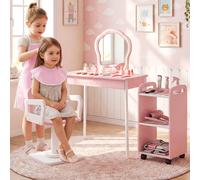 Costway Set toeletta per bambini tavolo da parrucchiere con poltrona girevole e carrello con ruote, Postazione trucco con asciugacapelli e pettine