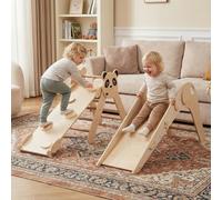 Costway Set triangolo arrampicata Montessori pieghevole a tema panda, Parco giochi per bambini con scivolo rampe e scala Naturale