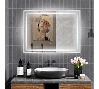 Costway Specchio da bagno LED 80x60cm con luce dimmabile a 3 colori interruttore touch, Specchio rettangolare da muro