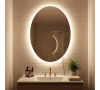COSTWAY Specchio da Bagno Ovale 70 x 50 CM, Specchio da Toeletta con Luce LED, Antiappannamento, 3 Colori di Luce Dimmerabili, Funzione Memoria e Vetro Temperato Infrangibile per Ingresso