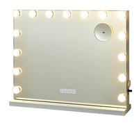 COSTWAY Specchio per Trucco Illuminato con 15 Lampadine LED, 58x48 cm | Specchio da Toeletta con Controllo Touch, 3 Modalità di Colore, Altoparlante Bluetooth, USB, per Scrivania o Muro