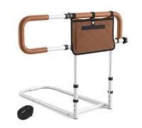 COSTWAY Sponda Letto Anziani Anticaduta, Regolabile, Pieghevole, Adatta Letti King/Queen, Maniglie Imbottite, Tasca Rimovibile, Base a U, Supporto 136 kg (Marrone)